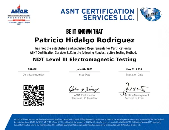 certificación de Patricio Hidalgo en NDT Level III Electromagnetic Testing