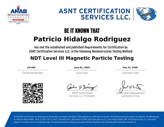 certificación de Patricio Hidalgo en NDT Level III Magnetic Particle Testing