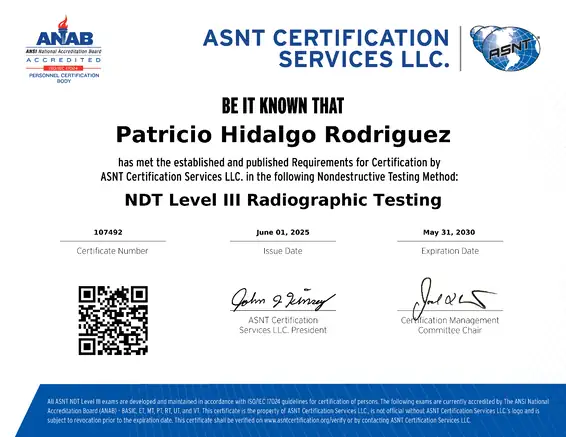 certificación de Patricio Hidalgo en NDT Level III Radiographic Testing