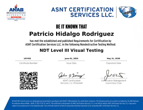 certificación de Patricio Hidalgo en NDT Level III Visual Testing